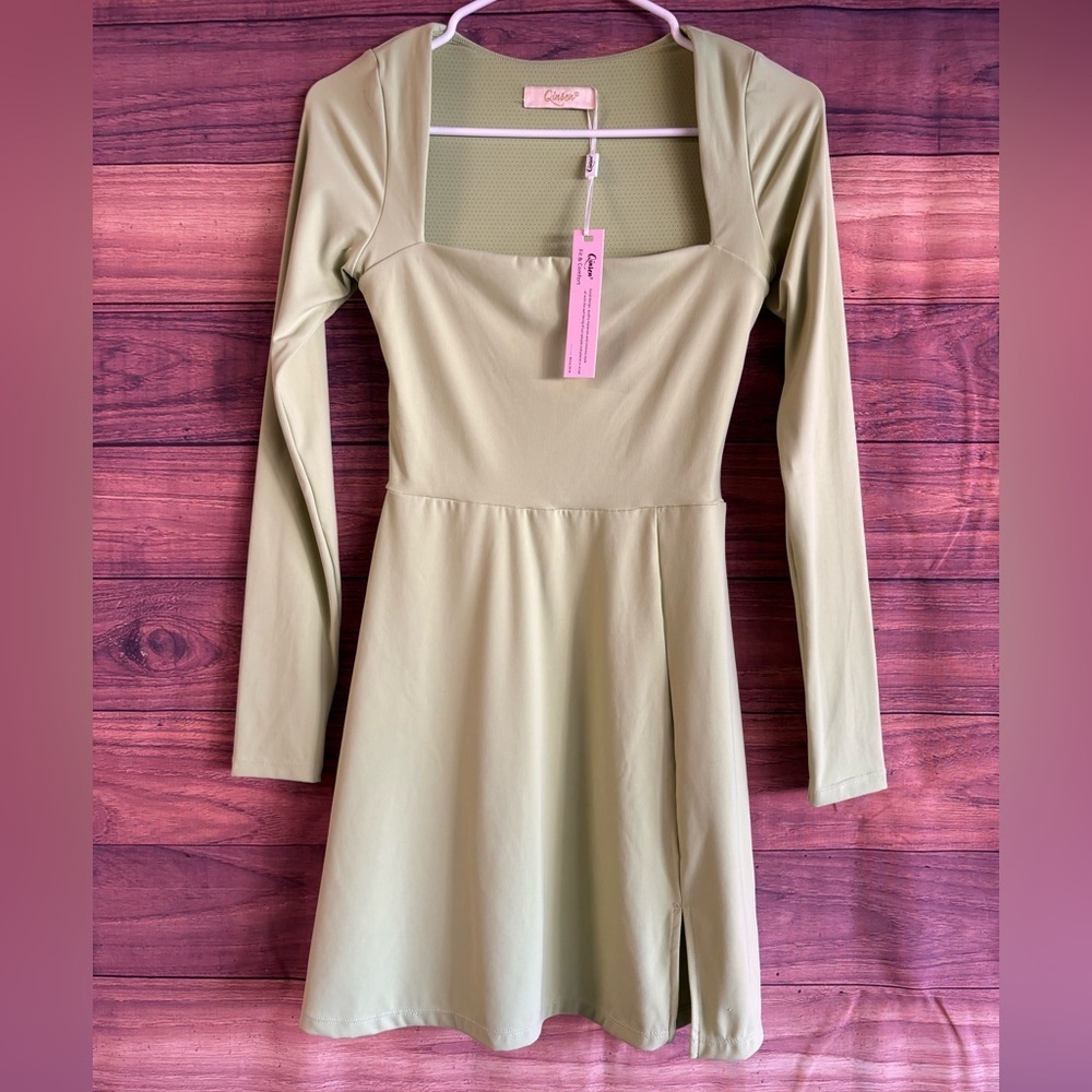 Qinsen Sage Green Long Sleeve Square Neck Mini Dress Side Slit NWT - Picture 6 of 6